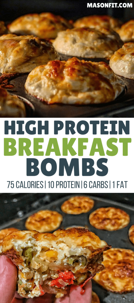 A high protein breakfast recipe that's as easy as adding ingredients to a muffin tin! Recipe includes both sausage and meatless options. Only 75 calories per breakfast bomb!