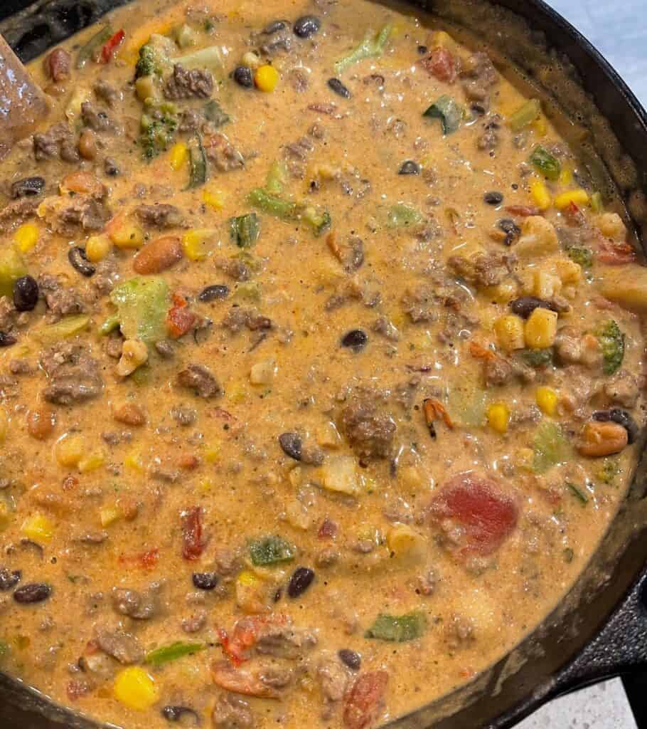 high protein creamy taco soup in the pot before serving