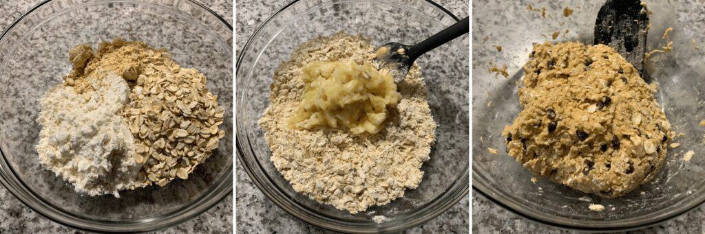 dry ingredients mixed together with mashed banana, honey, and chocolate chips