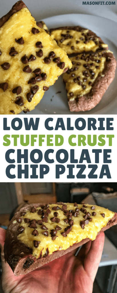 This chocolate chip protein pizza has a chocolate stuffed crust and a buttery cake center topped with melted chocolate chips. You'll never believe 1/4th of the entire pizza has 25 grams of protein. 