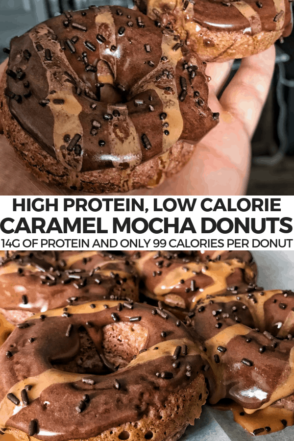 A recipe for high protein caramel mocha donuts with 14 grams of protein and fewer than 100 calories per donut! 