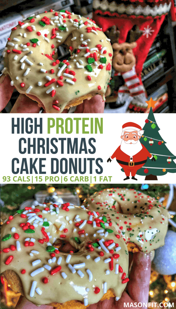 A high protein cake donut recipe with 15 grams of protein and fewer than 100 calories just in time for Christmas. #flexibledieting #macrofriendly #highproteinrecipes
