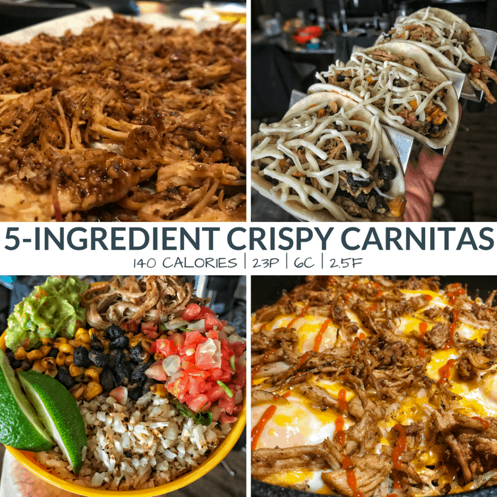 An instant pot recipe or crock pot recipe for high protein and low calorie crispy carnitas that can be used for tacos, nachos, burrito bowls, breakfast bakes, and more!