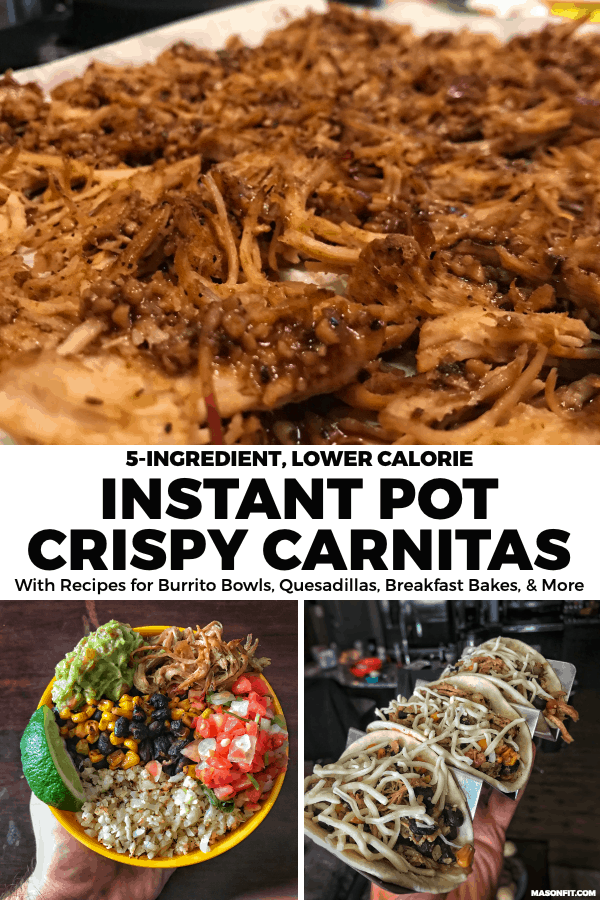 This Instant Pot carnitas recipe is super easy to make and goes perfect with lower carb burrito bowls, egg bakes, tacos and quesadillas, and more! 