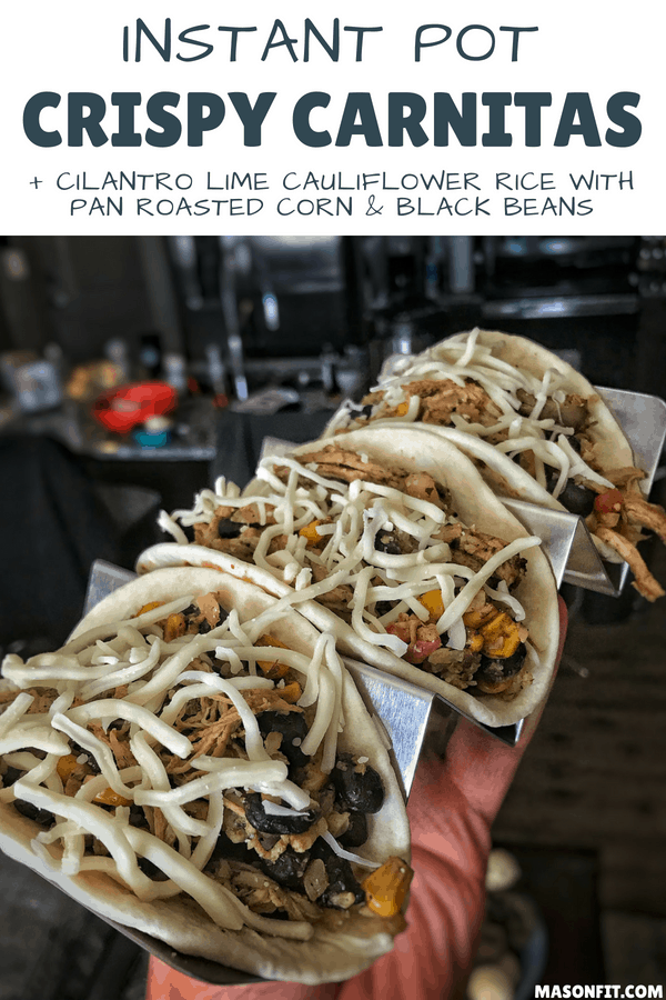 An instant pot recipe or crock pot recipe for high protein and low calorie crispy carnitas that can be used for tacos, nachos, burrito bowls, breakfast bakes, and more!