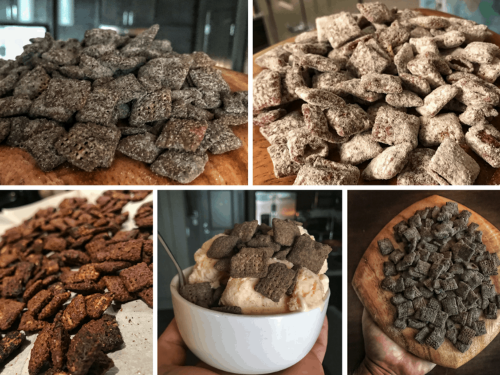 A recipe for chocolate peanut butter protein puppy chow with a vanilla or chocolate high protein stevia powdered sugar alternative coating. And if you think that's a mouthful of a title, wait til you try this puppy chow out!