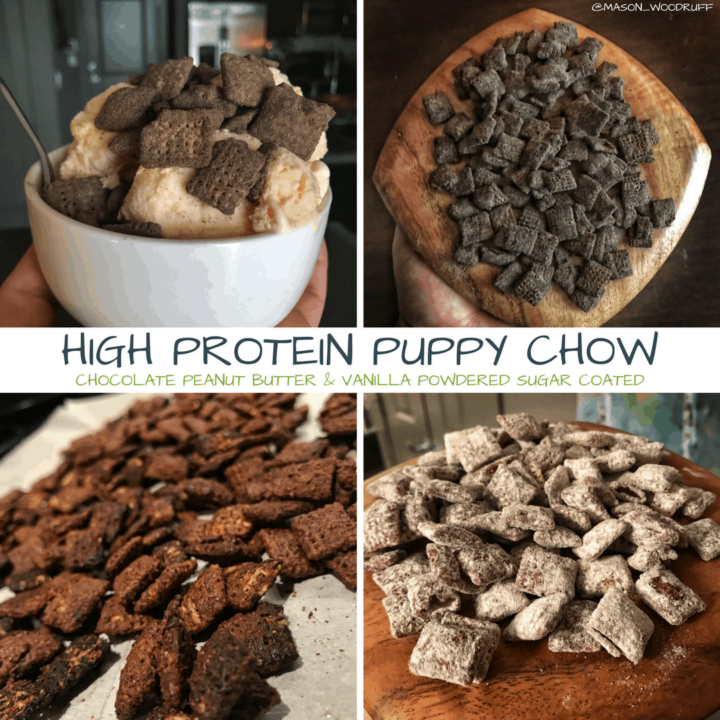 A recipe for chocolate peanut butter protein puppy chow with a vanilla or chocolate high protein stevia powdered sugar alternative coating. And if you think that's a mouthful of a title, wait til you try this puppy chow out!