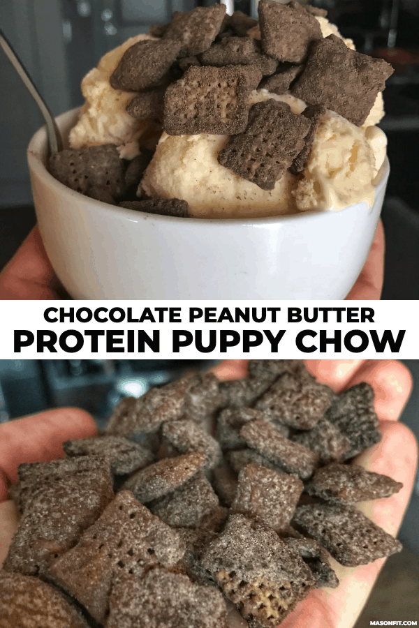 A recipe for chocolate peanut butter protein puppy chow with a vanilla or chocolate high protein stevia powdered sugar alternative coating. And if you think that's a mouthful of a title, wait til you try this puppy chow out! 