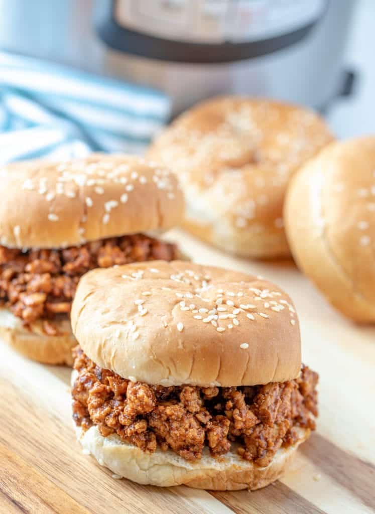 healthy sloppy joes on a cutting board with an Instant Pot in the background