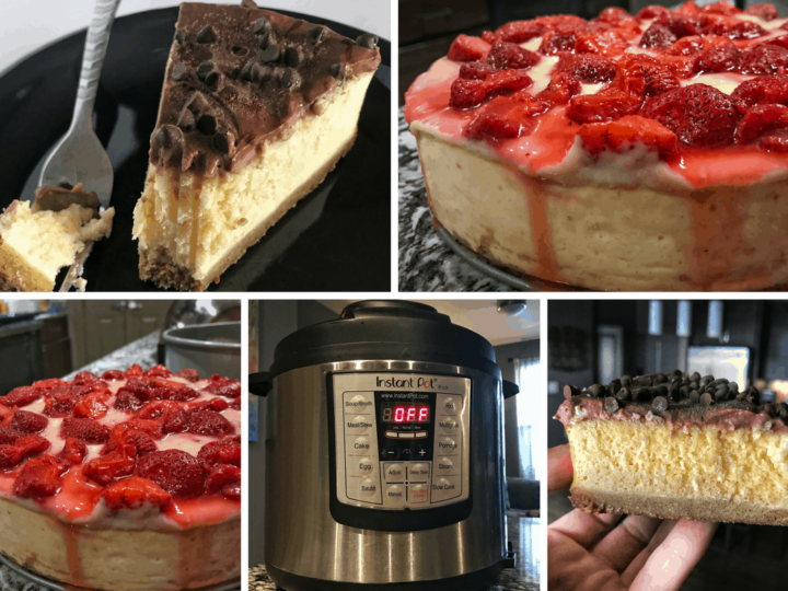 How to make an easy Instant Pot cheesecake with a lower calorie, higher protein twist. Each slice has fewer than 300 calories and more than 20 grams of protein. The recipe includes two options for white chocolate strawberry and double chocolate toppings.