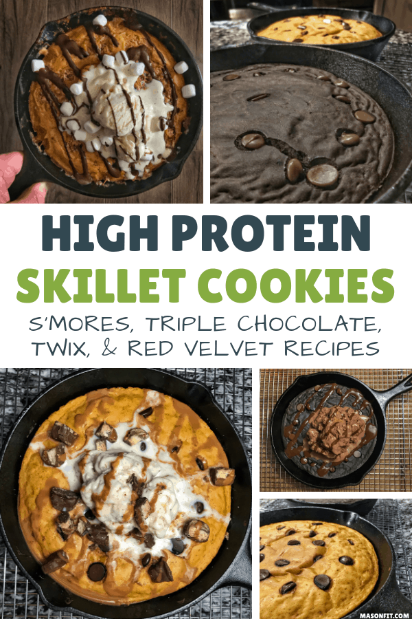 Four healthy pizookie recipes that all pack more than 50 grams of protein. Flavors include s'mores, Twix, triple chocolate, and red velvet, all topped with ice cream. 