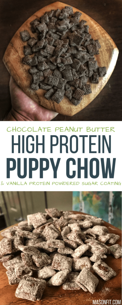 A recipe for chocolate peanut butter protein puppy chow with a vanilla or chocolate high protein stevia powdered sugar alternative coating. And if you think that's a mouthful of a title, wait til you try this puppy chow out! 