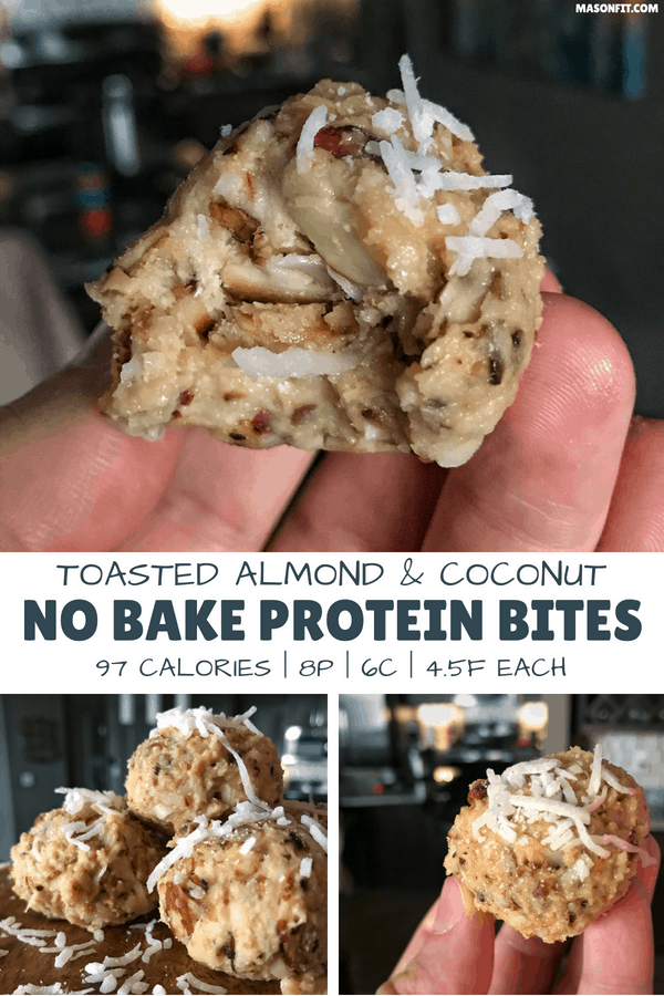 Quick and easy toasted almond and coconut no bake protein bites with 8 grams of protein and only 97 calories per bite. These make for the perfect snack on the go or sweet tooth or cravings fix.