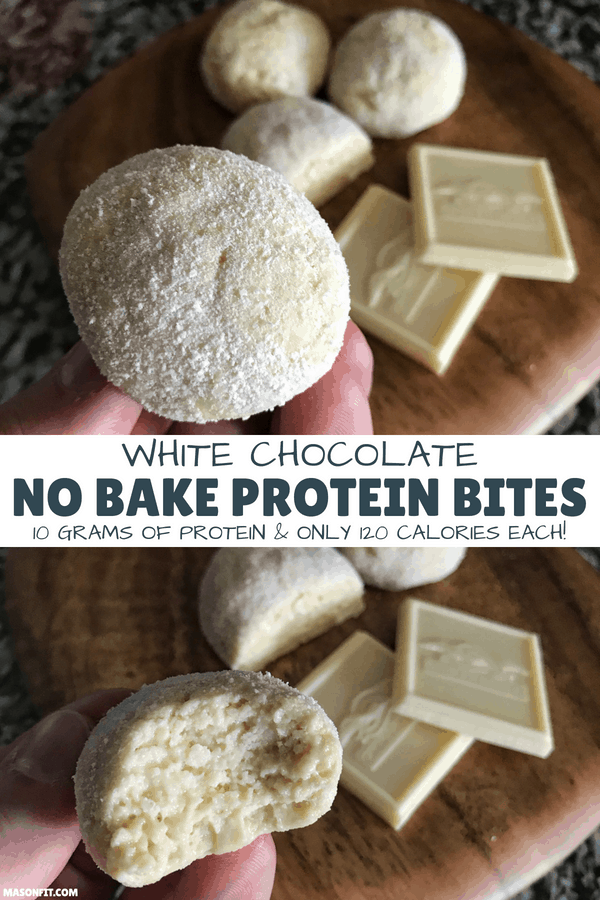 An easy to make white chocolate high protein no bake protein bites recipe with 10 grams of protein and 120 calories per serving. With a prep time of 5 minutes or less, this healthy snack should be a new addition to your snack repertoire.