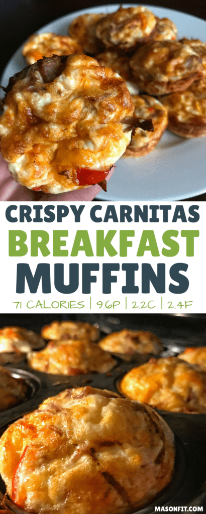 Low carb carnitas breakfast muffins with nearly 10 grams of protein, only 2 grams of carbs, and 71 calories per muffin. This recipe can be customized to be even lower calorie as well as including vegetables and spices of your choice.