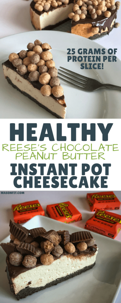 A healthy instant pot cheesecake made with Reese's Puffs and real chocolate that packs 25 grams of protein per slice with only 281 calories. 