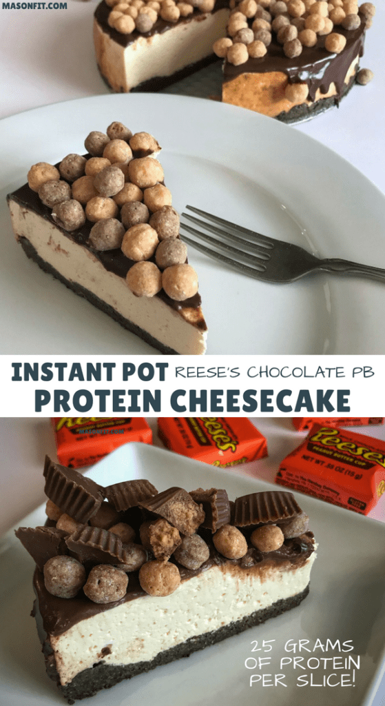 A healthy instant pot cheesecake made with Reese's Puffs and real chocolate that packs 25 grams of protein per slice with only 281 calories.