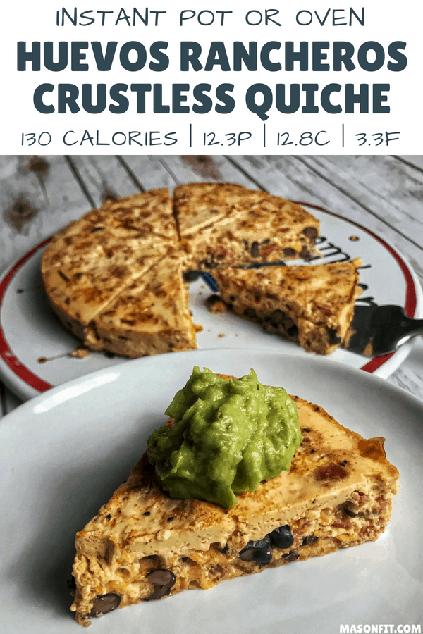 A Mexican-inspired huevos rancheros crustless quiche with only 130 calories and a hearty 12 grams of protein per slice. This healthy breakfast is super easy to make and would be a perfect make-ahead breakfast recipe.
