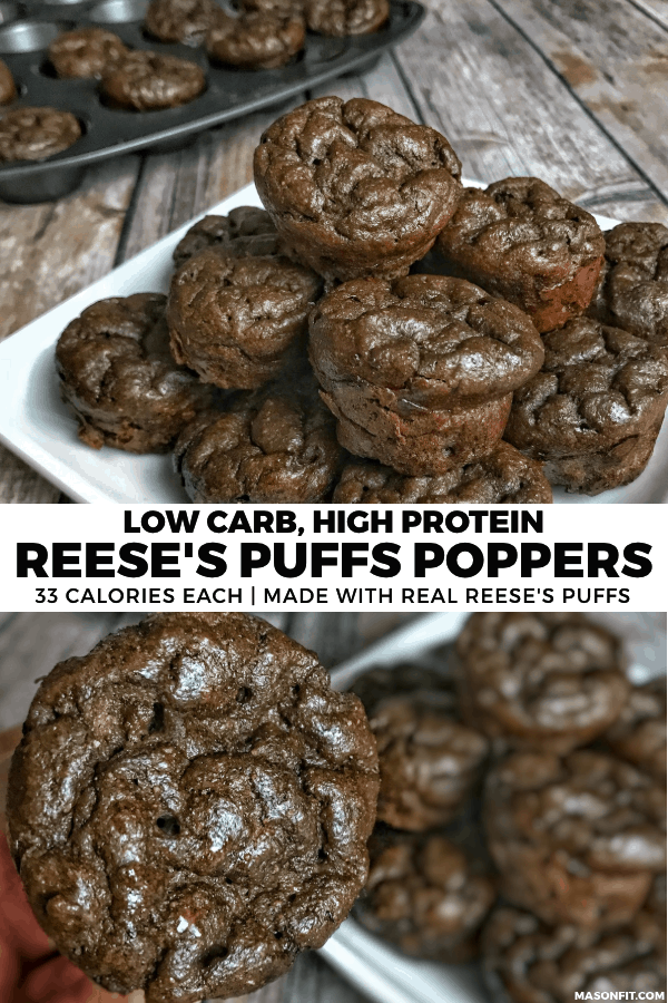 A low calorie dessert or snack recipe made from Reese's Puffs that packs all the great chocolate peanut butter flavor into a 33-calorie protein popper.