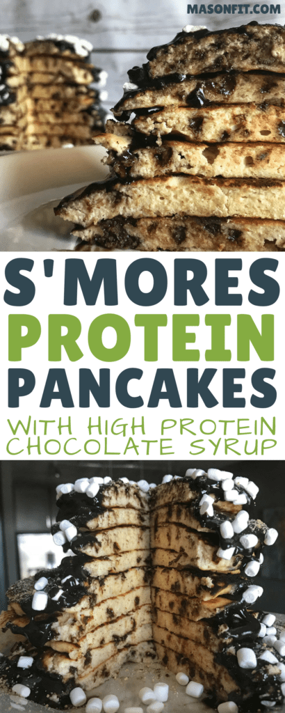 High protein pancakes with a protein-packed chocolate syrup. Each pancake is stuffed with your favorite s'mores ingredients, has 12 grams of protein, and as few as 146 calories per pancake.