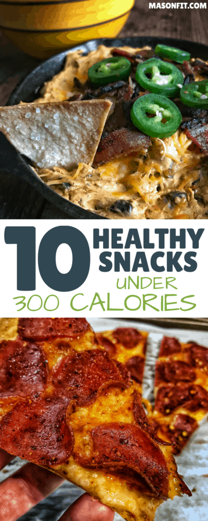 A list of 10 high volume snacks to make dieting and fat loss easier. Full recipes included for cheese dip and easy low calorie chips, pizza, one-minute brownies, no bake s'mores protein bites, jalapeño popper dip, and more. 