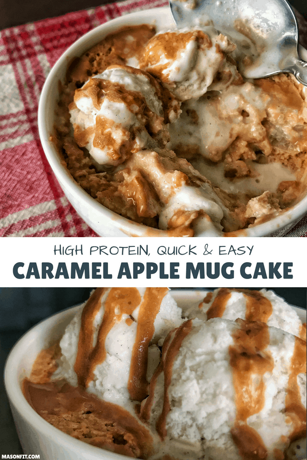 This caramel apple protein mug cake has a prep time under 5 minutes, 18 grams of protein, and fewer than 200 calories. The ingredient list is short and sweet, pun intended. Top it with a bit of fat-free whipped cream or low calorie ice cream, and you'll be in love.