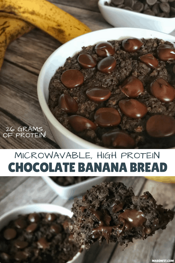 This microwavable chocolate protein banana bread is ready in 5 minutes, has 26 grams of protein, and can be easily modified for lower calorie diets.