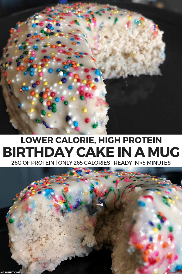 A mug cake recipe for high protein birthday cake that's ready in less than 5 minutes and packs 26 grams of protein into a 265-calorie cake. It's moist and delicious, just like real birthday cake.