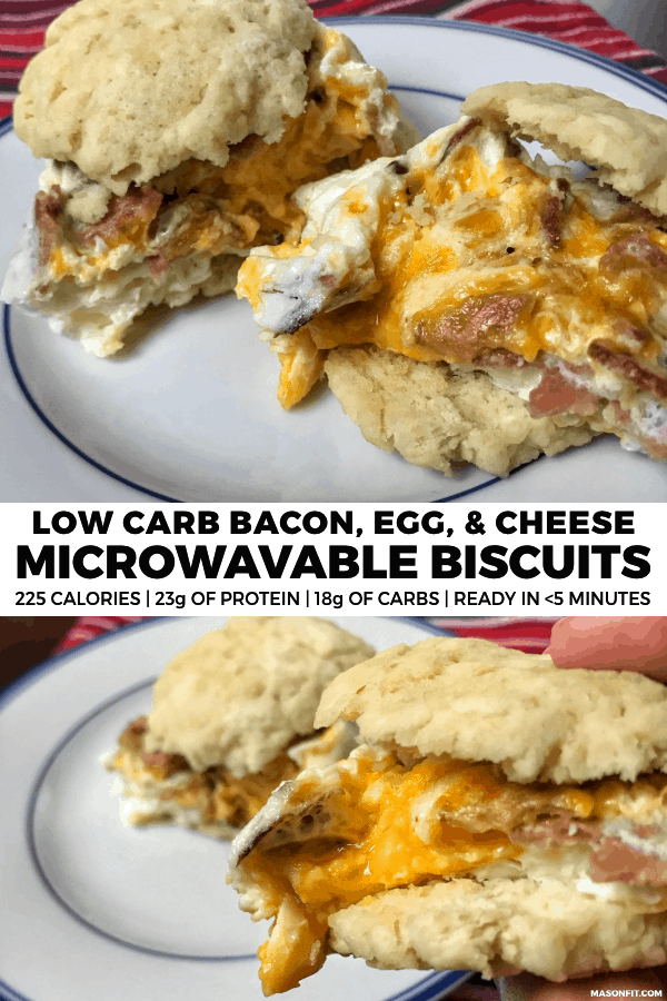 Have a low calorie, low carb bacon, egg, and cheese biscuit in minutes with this crazy simple recipe that can be prepped entirely in a microwave. 