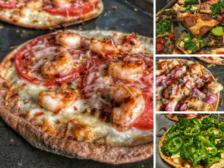 Six low calorie pizza recipes ranging from spicy shrimp and cheeseburger to a meatless green veggie flavor bomb. The pizzas go from 150 calories to 370 calories and are all packed with protein. Not to mention, they're all made with simple ingredients and require minimal prep time.