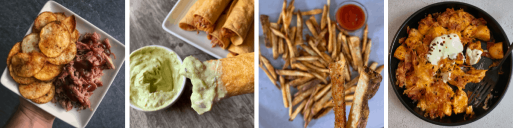 air fryer potato chips, taquitos, wingstop fries, and chicken with potatoes