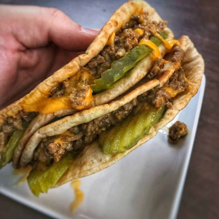 A super easy to make cheeseburger quesadilla recipe with low calorie, high protein ingredients. These make the perfect low calorie meal or high protein snack for cheeseburger lovers.