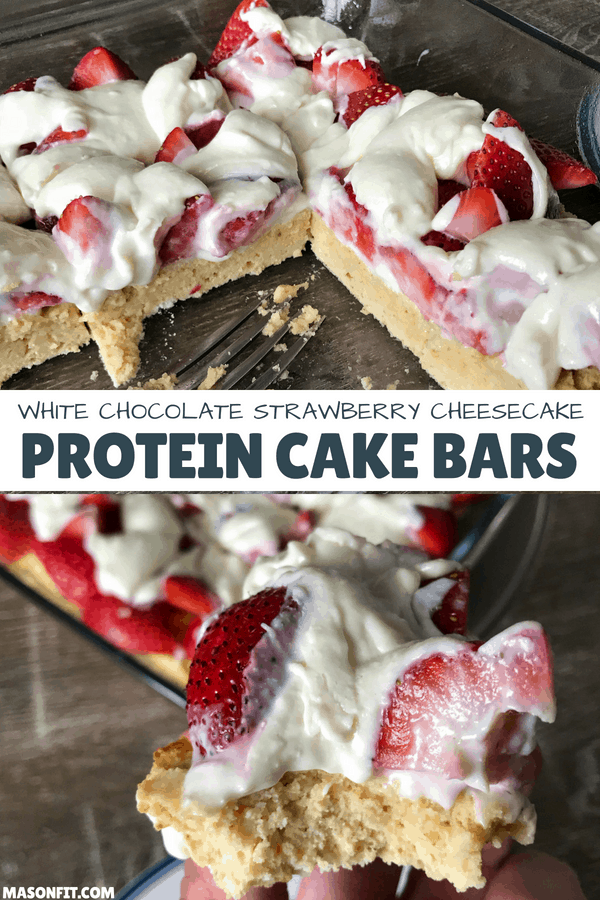 You'll love these yummy cheesecake bars covered with creamy white chocolate and fresh strawberries or your choice of fruit to fit the season. The recipe is super simple and each protein cake bar packs roughly 7 grams of protein and only 113 calories.
