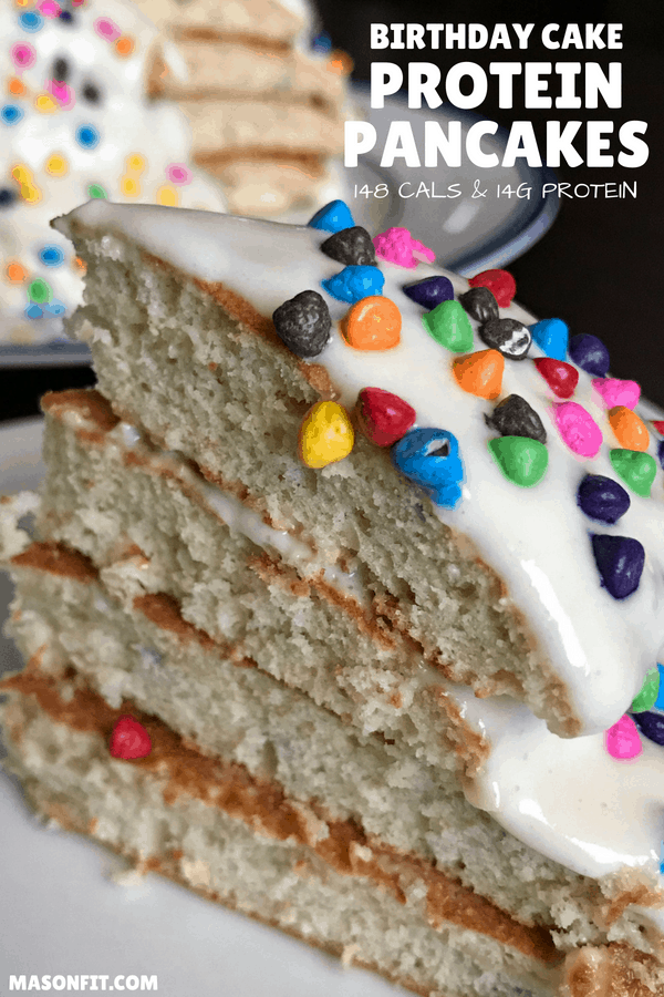 Quick and easy birthday cake protein pancakes with 14 grams of protein and only 148 calories each. Recipe includes multiple options for protein frostings and macros for pancakes only.