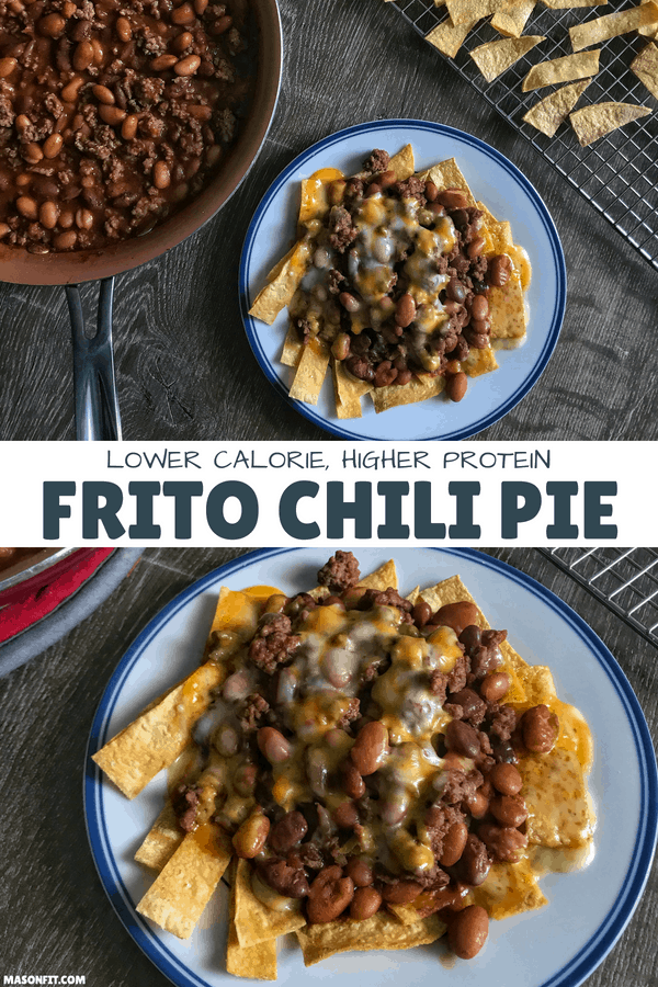 A one-pan, high protein, 3-ingredient chili on top of lower calorie corn chips and covered in cheese. You'd never guess it's a healthy Frito pie.