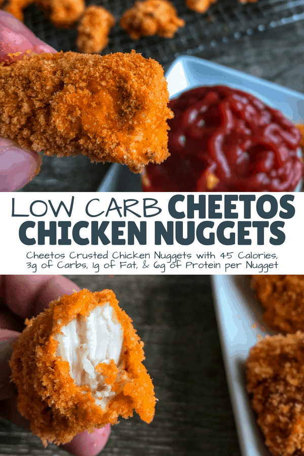 Low carb chicken nuggets crusted in real Cheetos and a spicy, cheesy spice blend. Each nugget has 6 grams of protein and only 3 grams of carbs, and the recipe includes modifications to reduce the carbs even further.