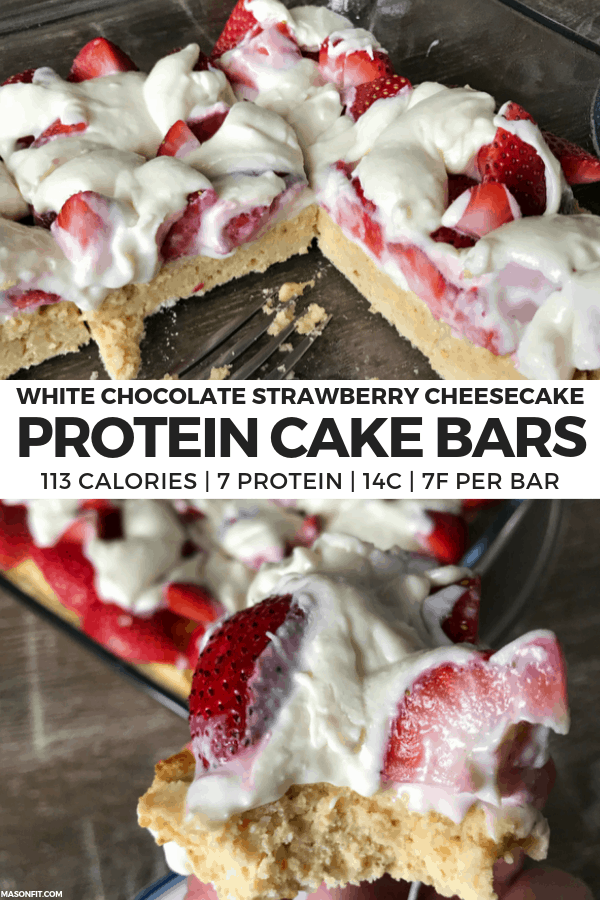 You'll love these yummy cheesecake bars covered with creamy white chocolate and fresh strawberries or your choice of fruit to fit the season. The recipe is super simple and each protein cake bar packs roughly 7 grams of protein and only 113 calories.
