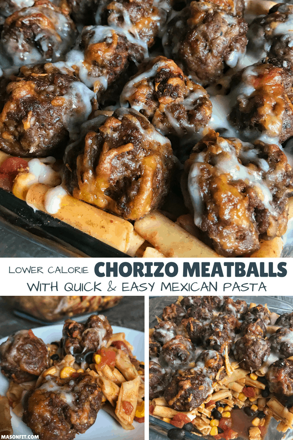 These lower calorie chorizo meatballs and high protein 5-ingredient Mexican pasta are perfect for the calorie conscious fitness enthusiast. 