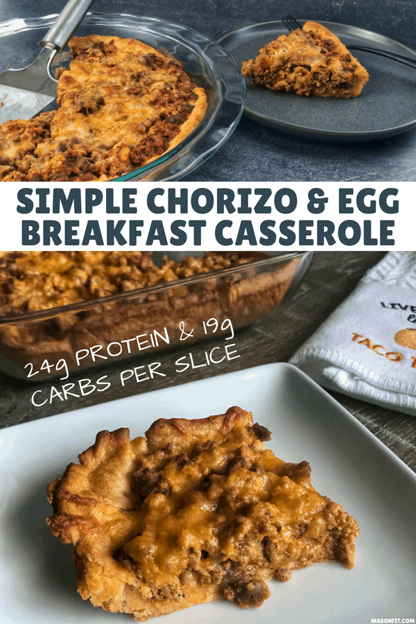 You're going to love this lower calorie egg and chorizo breakfast casserole. With a simple homemade chorizo and crescent roll crust, it's perfectly savory and satisfying. You'll never know you're eating a lower calorie breakfast!