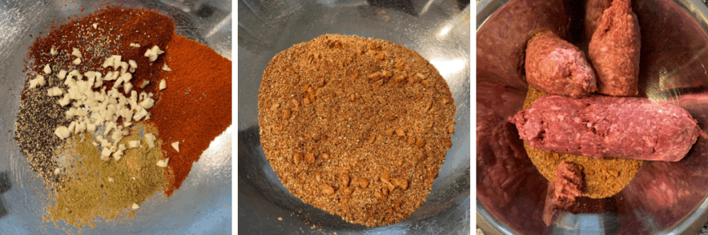 dry spices mixed with breadcrumbs and the beef and sausage