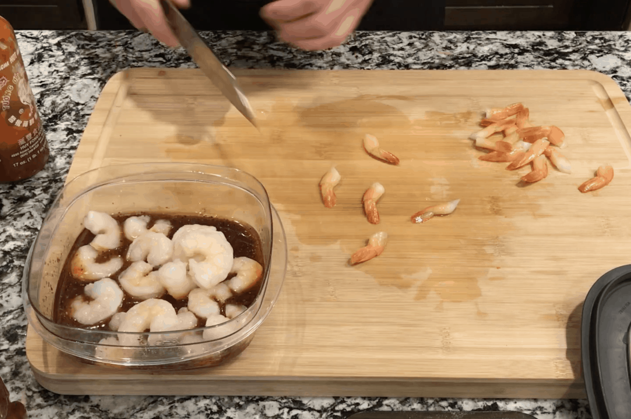 thaw and remove the tails from the shrimp