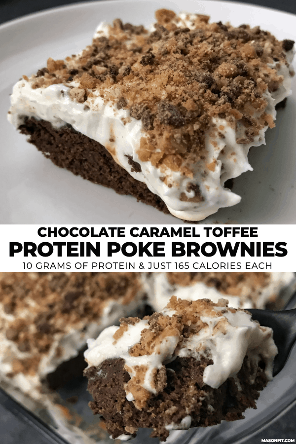 Super simple chocolate caramel protein brownies topped with whipped cream and toffee bits. Each brownie has 10 grams of protein and only 20 grams of carbs. 