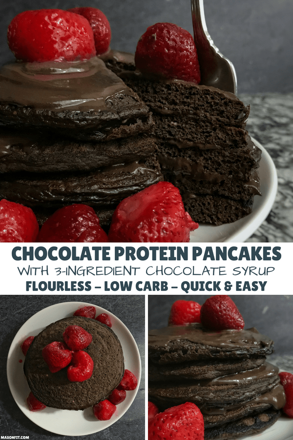 A simple recipe for chocolate protein pancakes with high protein chocolate syrup that has 55 grams of protein and only 390 calories.