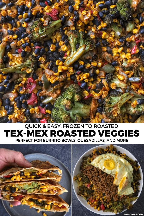 Turn frozen and canned veggies into a delicious combo with this easy roasted vegetables recipe. You'll also find 5+ recipe ideas like quesadillas, burrito bowls, and Dorito pie to serve the veggies with.