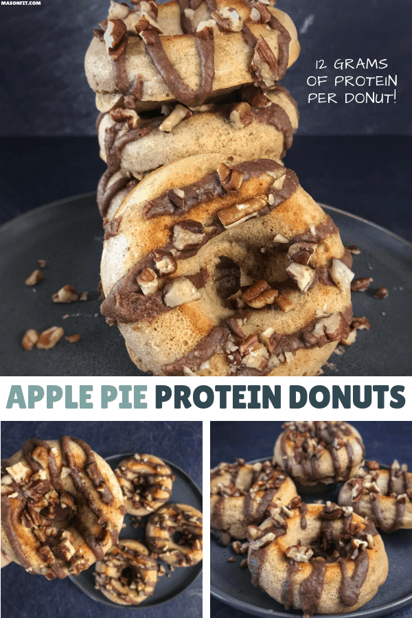 High protein apple pie donuts packed with real apple pie filling and topped with a sugar free apple pie glaze and chopped pecans.