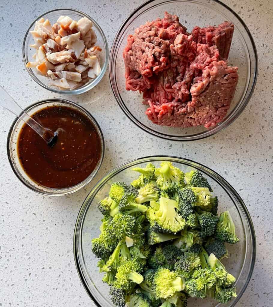 diced bacon, ground beef, BBQ sauce, and broccoli florets