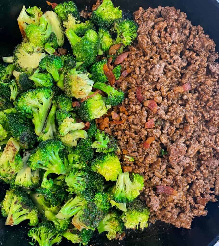 broccoli with sticky sweet ground beef and bacon