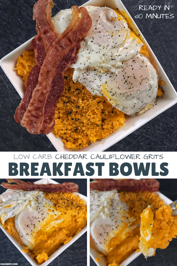 A 3-ingredient recipe for low carb cauliflower grits that are perfect for breakfast bowls or any low carb breakfast set up. 