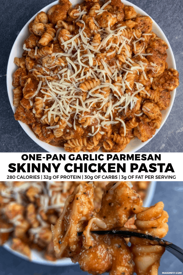Juicy, crispy pan fried garlic parmesan chicken tossed in a simple pasta for a healthy chicken pasta recipe with 32 grams of protein and only 280 calories.