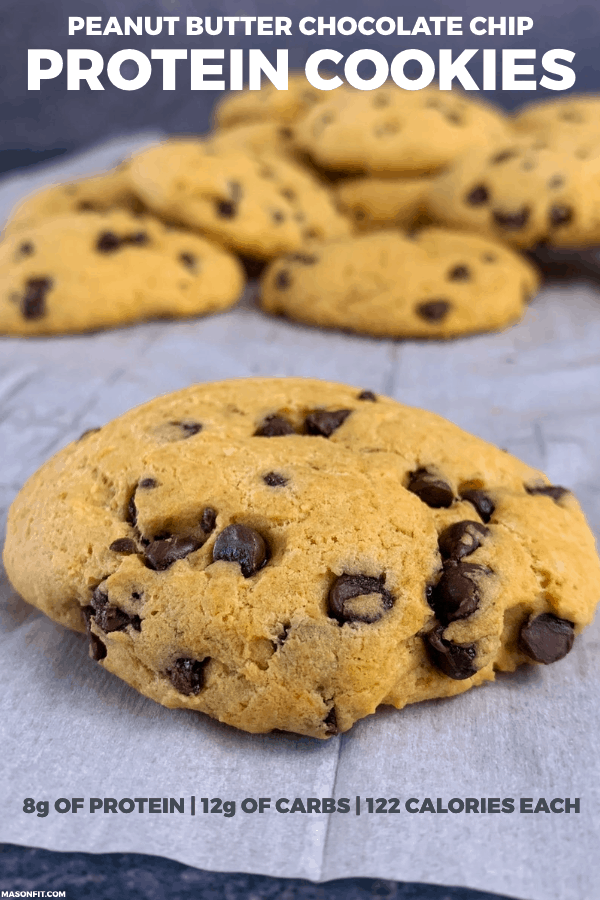 Quick and easy peanut butter chocolate chip protein cookies with 8 grams of protein, 12 grams of carbs, and only 122 calories each.